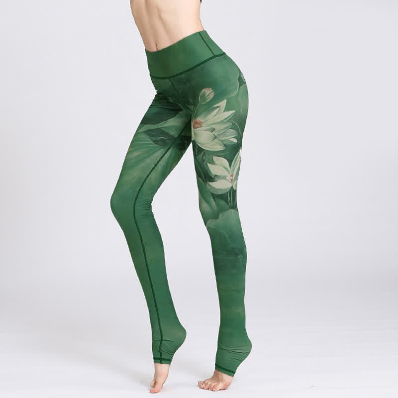 Buddha Stones Lotus Flower Print Design Hose Sport Fitness Yoga Leggings Damen Yogahose - Grüner Lotus - US 8-10, UK/AU 12-14, EU 40-42 (XL) - image 0