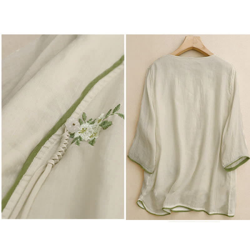 Damen-Shirt mit Buddha Stones, beigefarbenem Blumenmuster und grüner Blattstickerei, Rundhalsausschnitt und Dreiviertelärmeln - image 1
