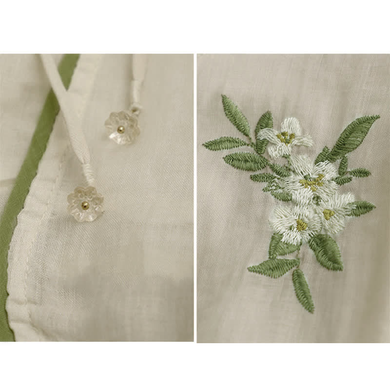 Damen-Shirt mit Buddha Stones, beigefarbenem Blumenmuster und grüner Blattstickerei, Rundhalsausschnitt und Dreiviertelärmeln - image 10