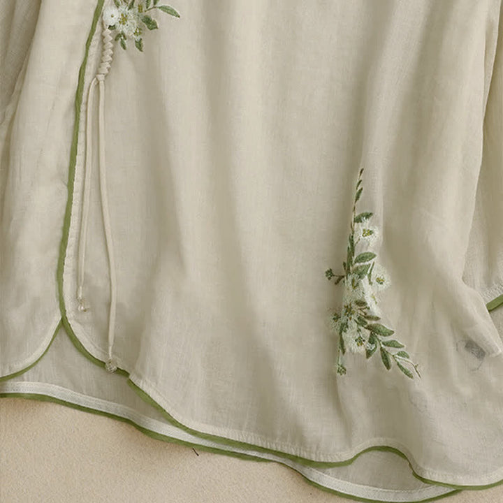 Damen-Shirt mit Buddha Stones, beigefarbenem Blumenmuster und grüner Blattstickerei, Rundhalsausschnitt und Dreiviertelärmeln - image 5