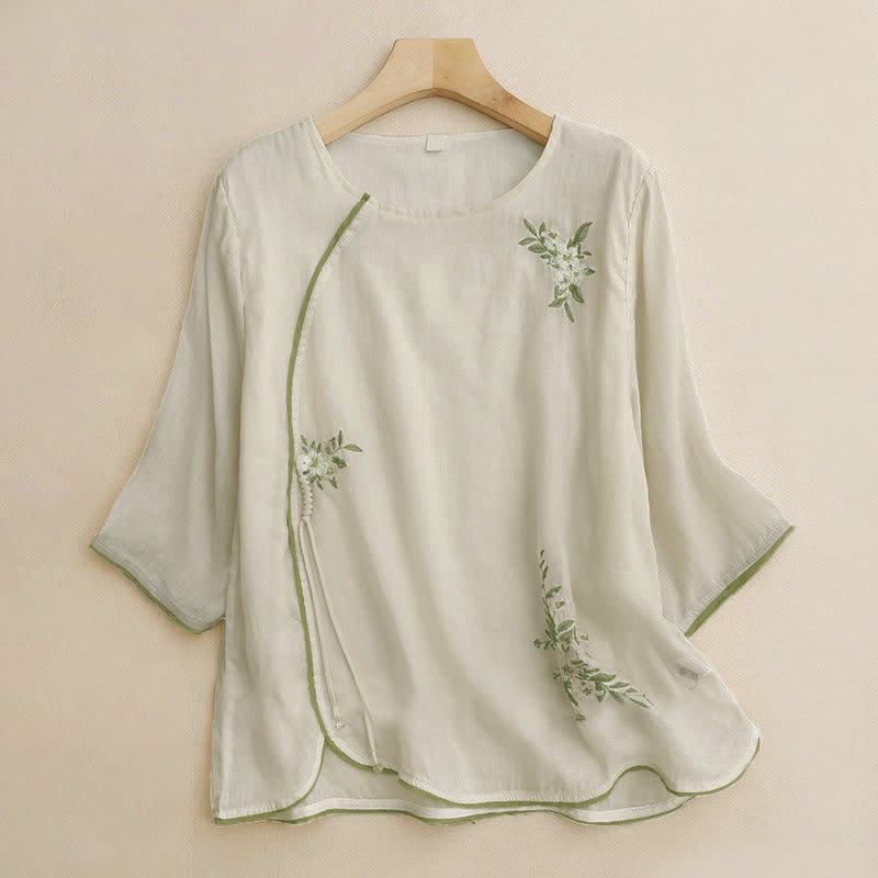 Damen-Shirt mit Buddha Stones, beigefarbenem Blumenmuster und grüner Blattstickerei, Rundhalsausschnitt und Dreiviertelärmeln - Beige - US12, UK/AU16, EU44 (2XL) - image 0