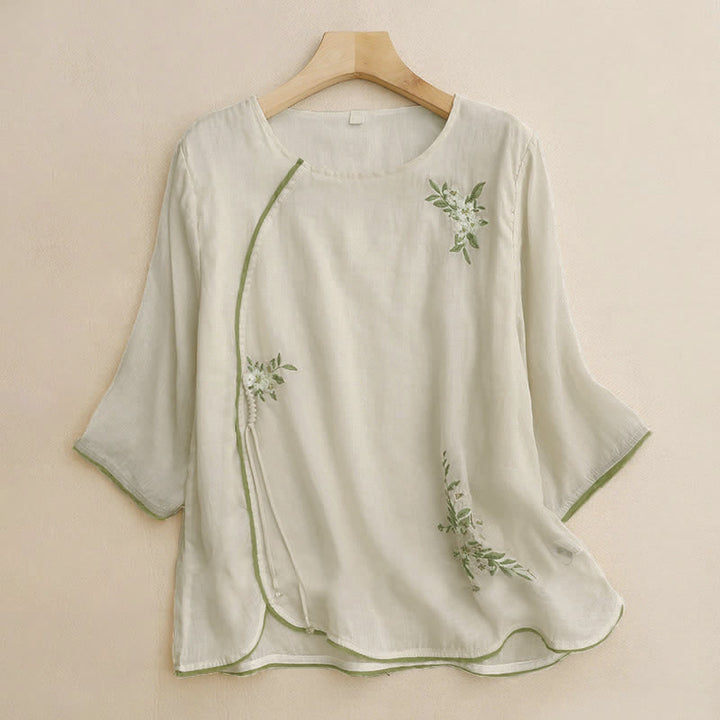 Damen-Shirt mit Buddha Stones, beigefarbenem Blumenmuster und grüner Blattstickerei, Rundhalsausschnitt und Dreiviertelärmeln - Beige - US12, UK/AU16, EU44 (2XL) - image 0