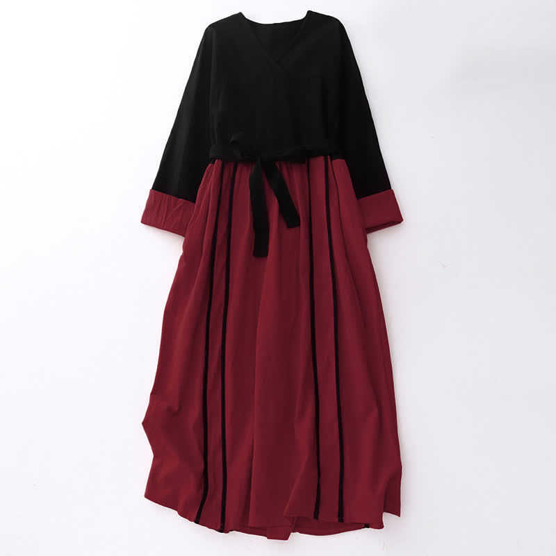 Buddha Stones Damen-Midikleid mit Farbblock-Schnürung und langen Ärmeln und Taschen - Purpurrot - US 8-10, UK/AU 12-14, EU 40-42 (2XL) - image 0