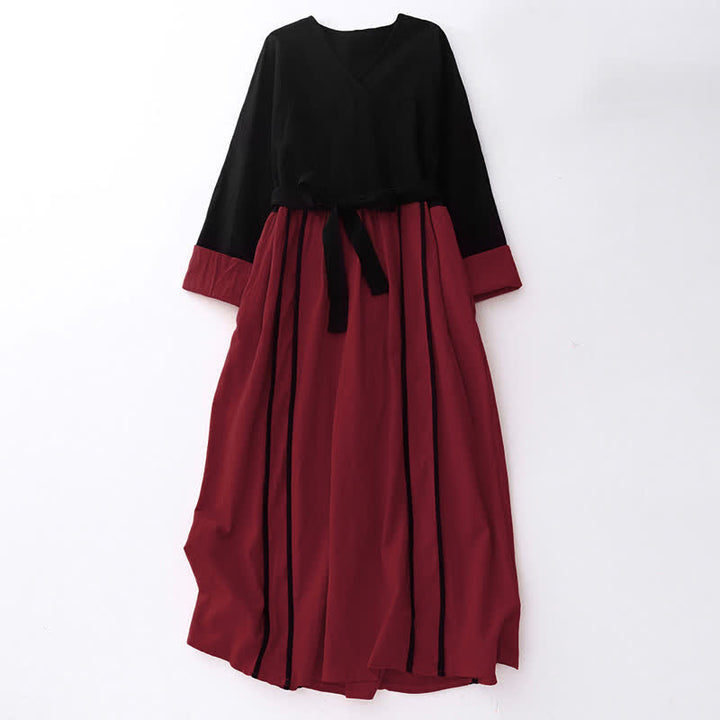 Buddha Stones Damen-Midikleid mit Farbblock-Schnürung und langen Ärmeln und Taschen - Purpurrot - US 8-10, UK/AU 12-14, EU 40-42 (2XL) - image 0