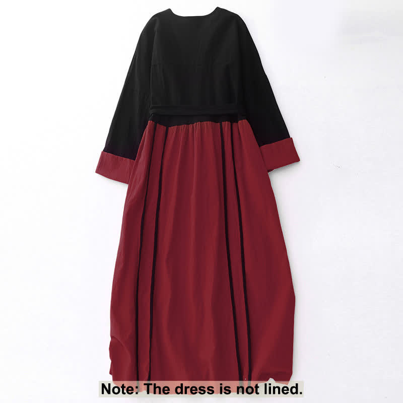 Buddha Stones Damen-Midikleid mit Farbblock-Schnürung und langen Ärmeln und Taschen - image 1