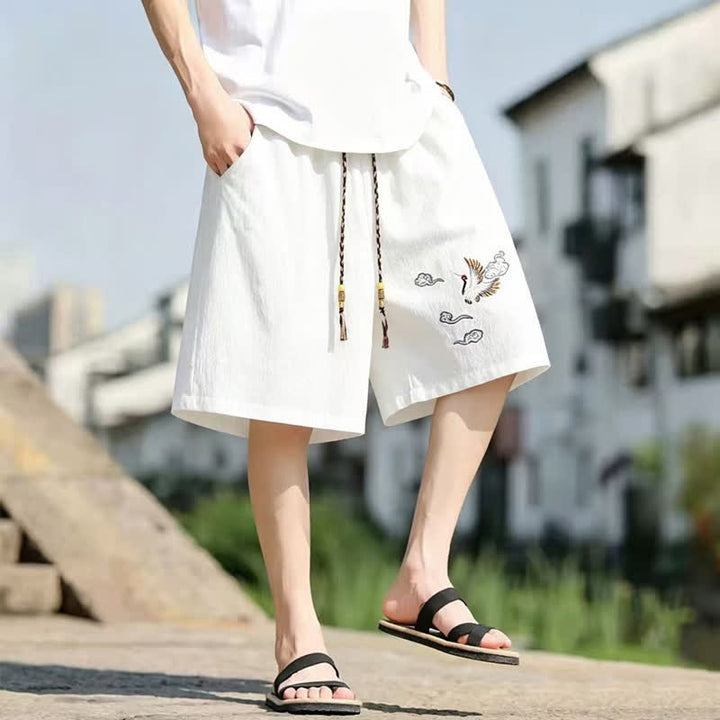 Buddha Stones Sommerliche, lässige Herrenshorts im Tang-Stil mit Kranich- und Wolkenstickerei sowie Taschen - image 5