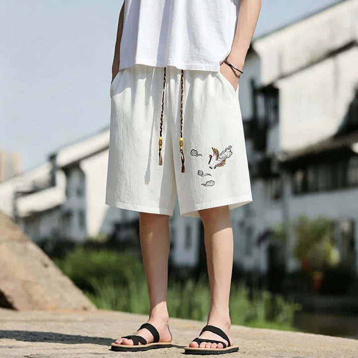 Buddha Stones Sommerliche, lässige Herrenshorts im Tang-Stil mit Kranich- und Wolkenstickerei sowie Taschen - image 4