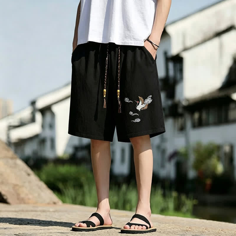 Buddha Stones Sommerliche, lässige Herrenshorts im Tang-Stil mit Kranich- und Wolkenstickerei sowie Taschen - image 1