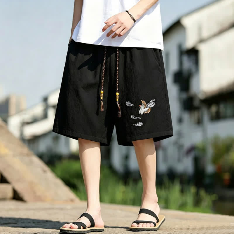 Buddha Stones Sommerliche, lässige Herrenshorts im Tang-Stil mit Kranich- und Wolkenstickerei sowie Taschen - Schwarz - US/UK/AU48, EU58 (6XL) - image 0