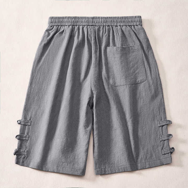 Buddha Stones Lässige, minimalistische Herrenshorts mit Kordelzug, dekorativen seitlichen Knöpfen und Taschen für den Sommer - image 1
