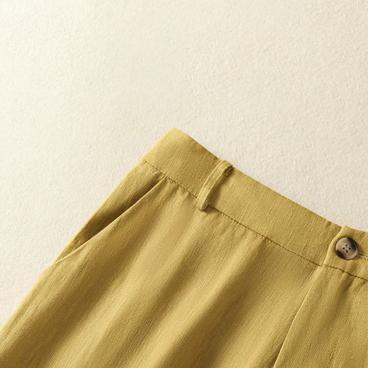 Buddha Stones Sommerliche, lässige, minimalistische Damen-Hose mit Knopfleiste, Reißverschluss, weitem Bein und Taschen - image 3