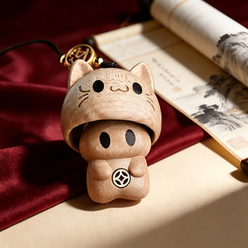Buddha Stones Niedliche Schlüsselanhänger mit Katzenmotiv aus geschnitztem, natürlichem Pfirsichholz - Holz - image 0