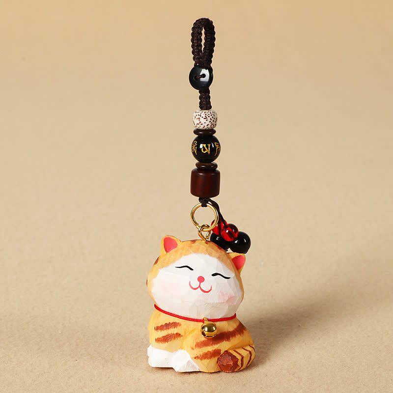 Buddha Stones Schlüsselanhänger mit geschnitzter Katze aus Holz, Om Mani Padme Hum Focus - Om Mani Padme Hum Orange Cat - image 3