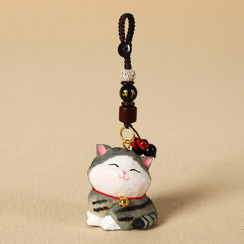 Buddha Stones Schlüsselanhänger mit geschnitzter Katze aus Holz, Om Mani Padme Hum Focus - Om Mani Padme Hum Streifenkatze - image 11
