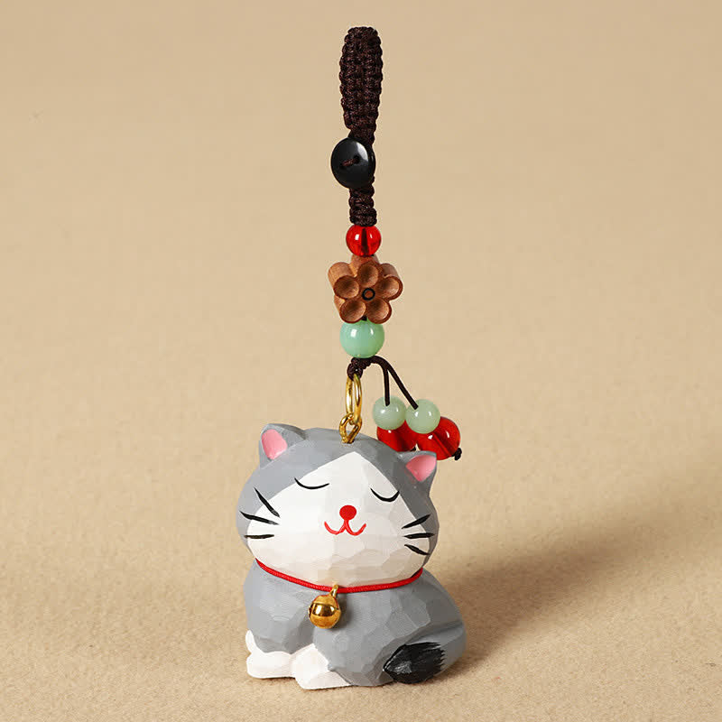 Buddha Stones Schlüsselanhänger mit geschnitzter Katze aus Holz, Om Mani Padme Hum Focus - Graue Katze - image 12