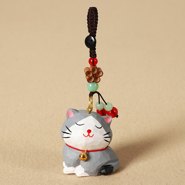 Buddha Stones Schlüsselanhänger mit geschnitzter Katze aus Holz, Om Mani Padme Hum Focus - Graue Katze - image 12