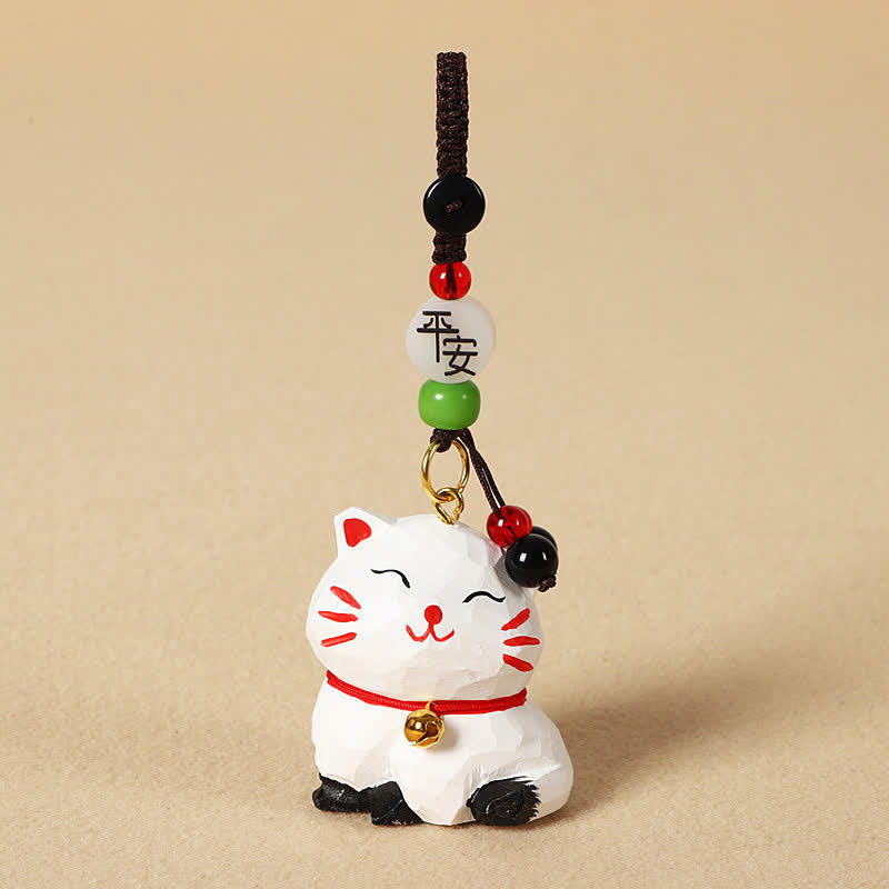 Buddha Stones Schlüsselanhänger mit geschnitzter Katze aus Holz, Om Mani Padme Hum Focus - Friedliche weiße Katze - image 7