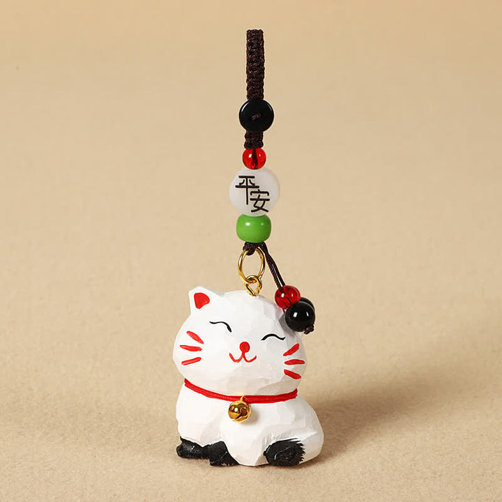 Buddha Stones Schlüsselanhänger mit geschnitzter Katze aus Holz, Om Mani Padme Hum Focus - Friedliche weiße Katze - image 7
