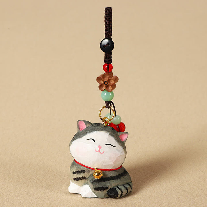 Buddha Stones Schlüsselanhänger mit geschnitzter Katze aus Holz, Om Mani Padme Hum Focus - Gestreifte Katze - image 9