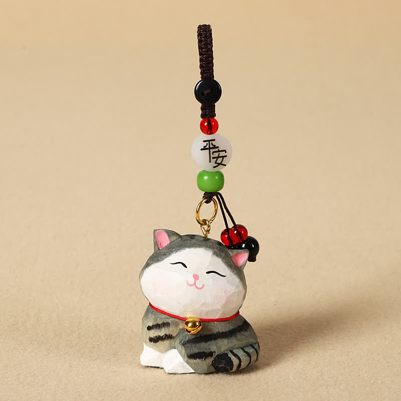 Buddha Stones Schlüsselanhänger mit geschnitzter Katze aus Holz, Om Mani Padme Hum Focus - Friedliche gestreifte Katze - image 10