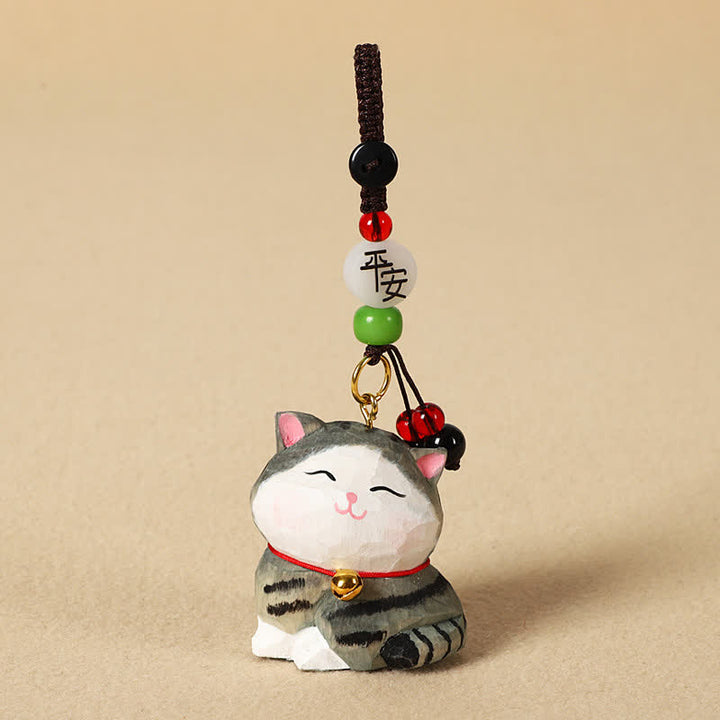 Buddha Stones Schlüsselanhänger mit geschnitzter Katze aus Holz, Om Mani Padme Hum Focus - Friedliche gestreifte Katze - image 10