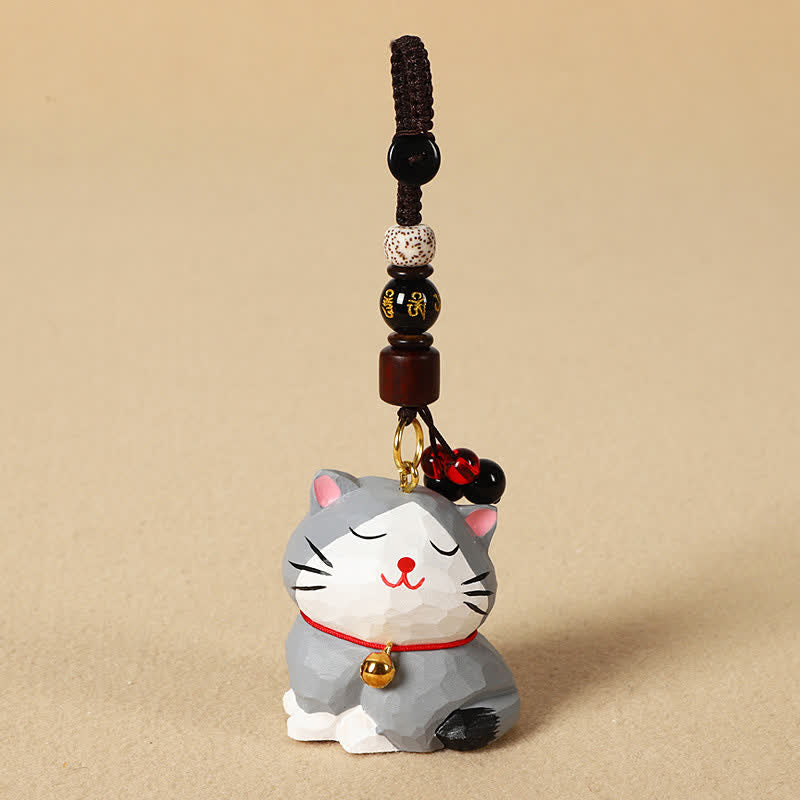 Buddha Stones Schlüsselanhänger mit geschnitzter Katze aus Holz, Om Mani Padme Hum Focus - Om Mani Padme Hum Gray Cat - image 14