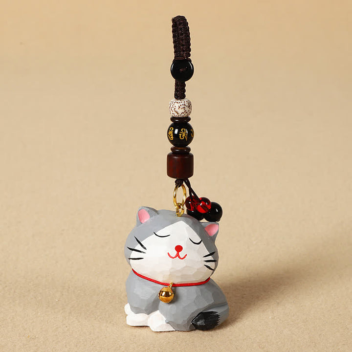 Buddha Stones Schlüsselanhänger mit geschnitzter Katze aus Holz, Om Mani Padme Hum Focus - Om Mani Padme Hum Gray Cat - image 14