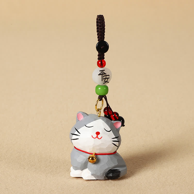 Buddha Stones Schlüsselanhänger mit geschnitzter Katze aus Holz, Om Mani Padme Hum Focus - Friedliche graue Katze - image 13