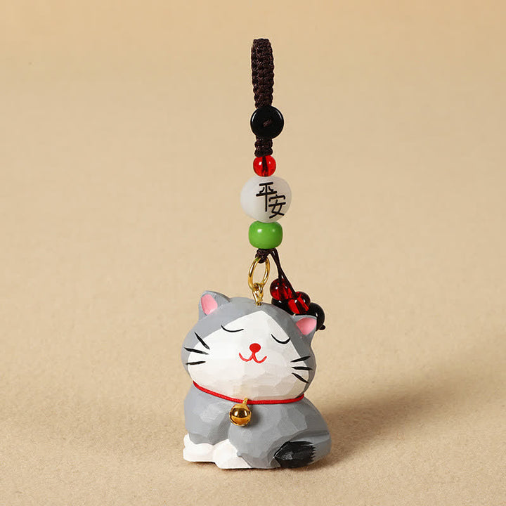 Buddha Stones Schlüsselanhänger mit geschnitzter Katze aus Holz, Om Mani Padme Hum Focus - Friedliche graue Katze - image 13
