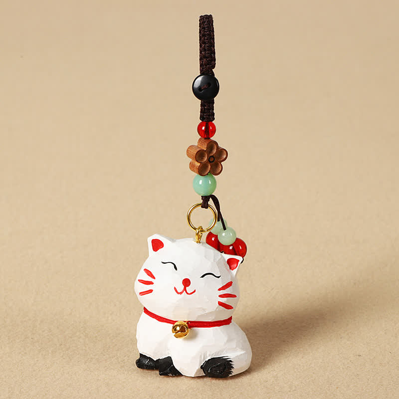 Buddha Stones Schlüsselanhänger mit geschnitzter Katze aus Holz, Om Mani Padme Hum Focus - Weiße Katze - image 6