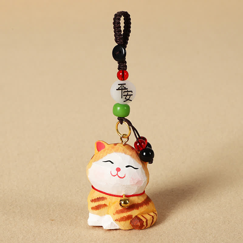 Buddha Stones Schlüsselanhänger mit geschnitzter Katze aus Holz, Om Mani Padme Hum Focus - Friedliche orange Katze - image 2