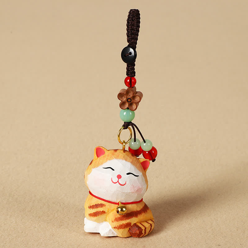 Buddha Stones Schlüsselanhänger mit geschnitzter Katze aus Holz, Om Mani Padme Hum Focus - image 1