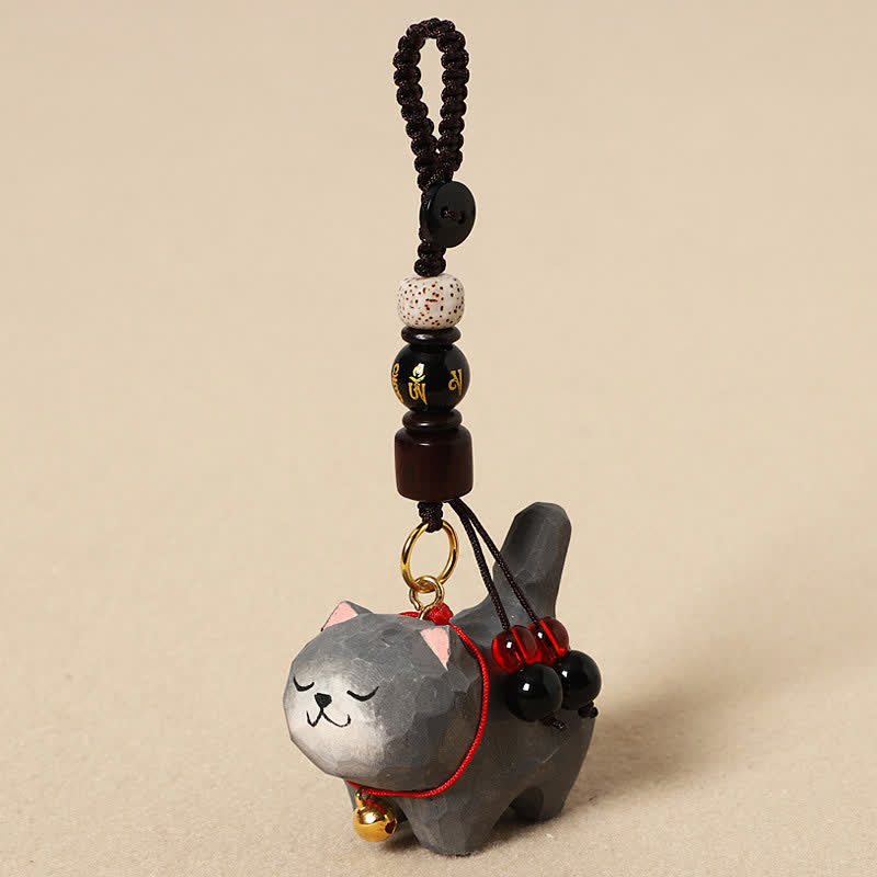 Buddha Stones Schlüsselanhänger mit geschnitzter Katze aus Holz, Om Mani Padme Hum, Frieden - Om Mani Padme Hum Dunkelgraue Katze - image 13