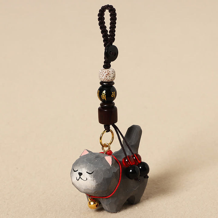 Buddha Stones Schlüsselanhänger mit geschnitzter Katze aus Holz, Om Mani Padme Hum, Frieden - Om Mani Padme Hum Dunkelgraue Katze - image 13