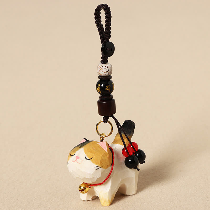 Buddha Stones Schlüsselanhänger mit geschnitzter Katze aus Holz, Om Mani Padme Hum, Frieden - Om Mani Padme Hum Tricolor Katze - image 10