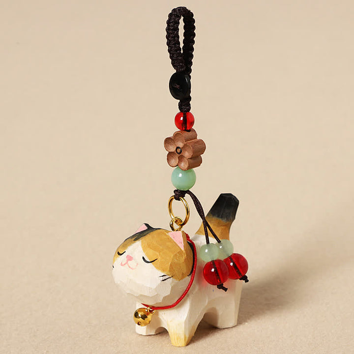 Buddha Stones Schlüsselanhänger mit geschnitzter Katze aus Holz, Om Mani Padme Hum, Frieden - Dreifarbige Katze - image 8
