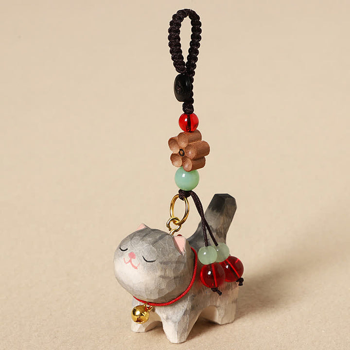 Buddha Stones Schlüsselanhänger mit geschnitzter Katze aus Holz, Om Mani Padme Hum, Frieden - Graue Katze - image 0