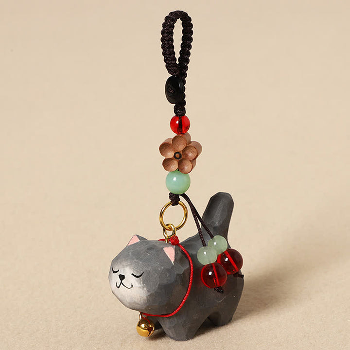 Buddha Stones Schlüsselanhänger mit geschnitzter Katze aus Holz, Om Mani Padme Hum, Frieden - Dunkelgraue Katze - image 11