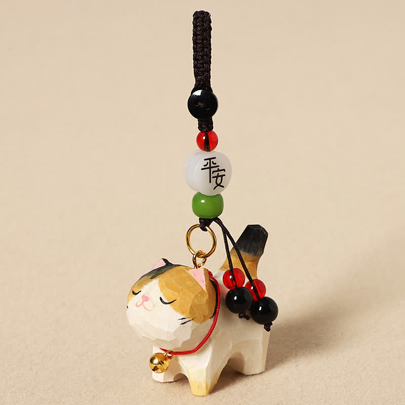 Buddha Stones Schlüsselanhänger mit geschnitzter Katze aus Holz, Om Mani Padme Hum, Frieden - Friedliche dreifarbige Katze - image 9