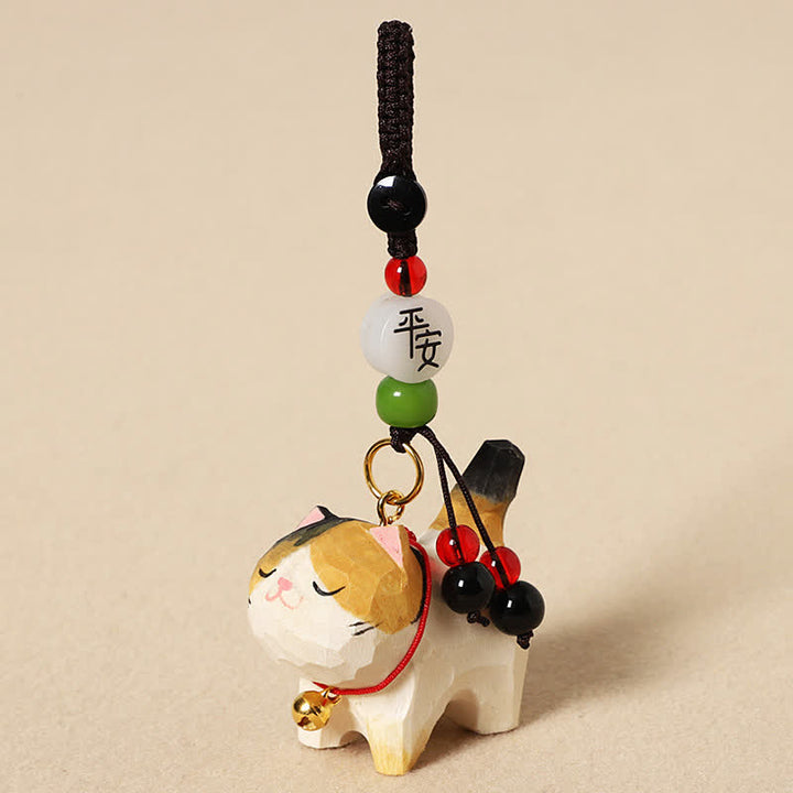 Buddha Stones Schlüsselanhänger mit geschnitzter Katze aus Holz, Om Mani Padme Hum, Frieden - Friedliche dreifarbige Katze - image 9