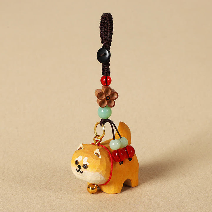 Buddha Stones Schlüsselanhänger mit geschnitztem Hund aus Holz, Om Mani Padme Hum, Frieden - Shiba Inu - image 1