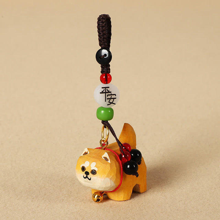 Buddha Stones Schlüsselanhänger mit geschnitztem Hund aus Holz, Om Mani Padme Hum, Frieden - Friedlicher Shiba Inu - image 3