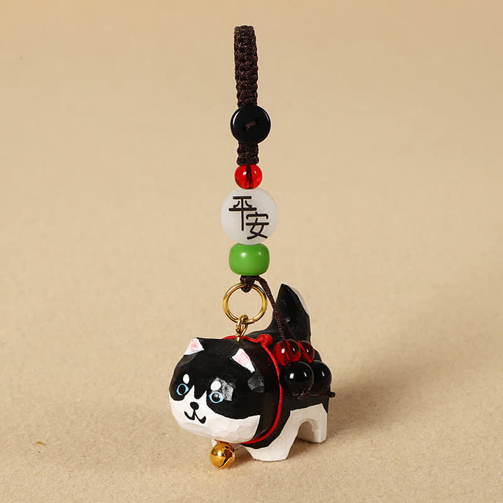 Buddha Stones Schlüsselanhänger mit geschnitztem Hund aus Holz, Om Mani Padme Hum, Frieden - Friedlicher Husky - image 8