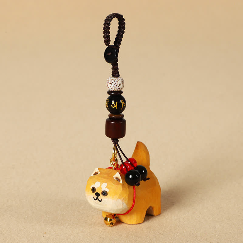 Buddha Stones Schlüsselanhänger mit geschnitztem Hund aus Holz, Om Mani Padme Hum, Frieden - Om Mani Padme Hum Shiba Inu - image 0