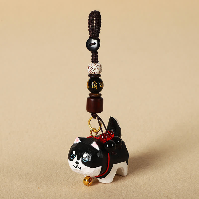 Buddha Stones Schlüsselanhänger mit geschnitztem Hund aus Holz, Om Mani Padme Hum, Frieden - Om Mani Padme Hum Husky - image 4