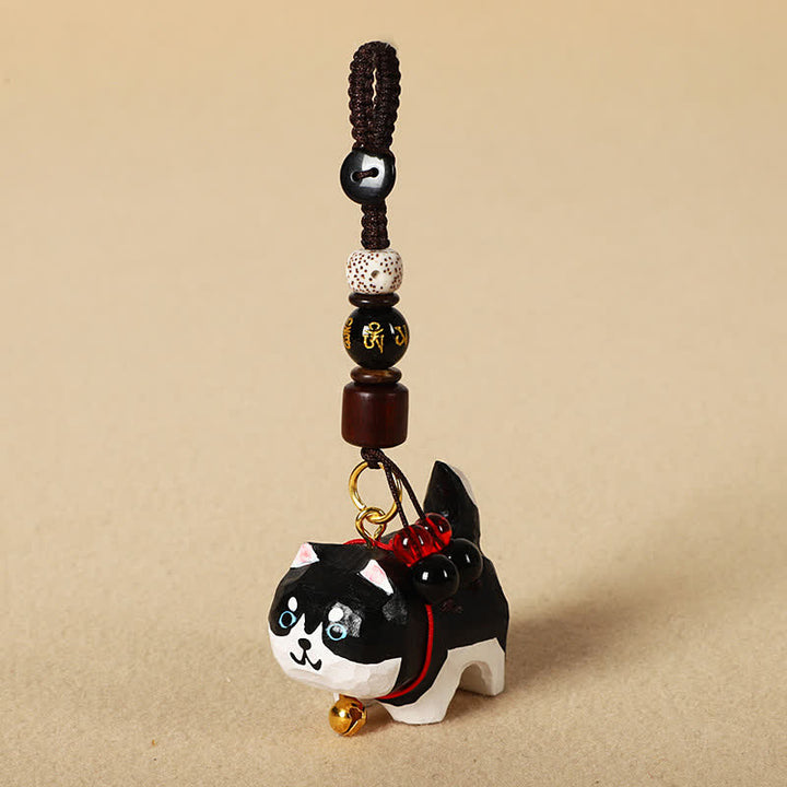 Buddha Stones Schlüsselanhänger mit geschnitztem Hund aus Holz, Om Mani Padme Hum, Frieden - Om Mani Padme Hum Husky - image 4