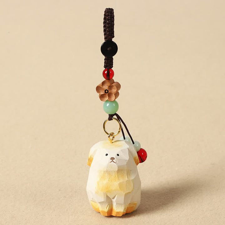 Buddha Stones Schlüsselanhänger mit geschnitztem Hund aus Holz – Om Mani Padme Hum Kreativitäts-Motive - Weißer Hund - image 4