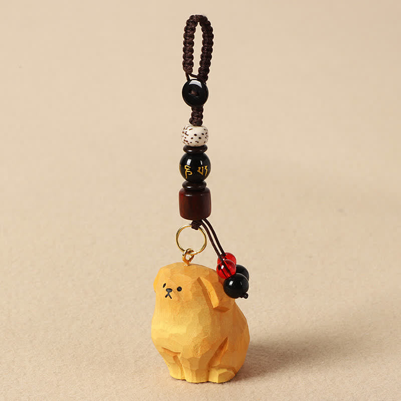Buddha Stones Schlüsselanhänger mit geschnitztem Hund aus Holz – Om Mani Padme Hum Kreativitäts-Motive - Om Mani Padme Hum Yellow Dog - image 3