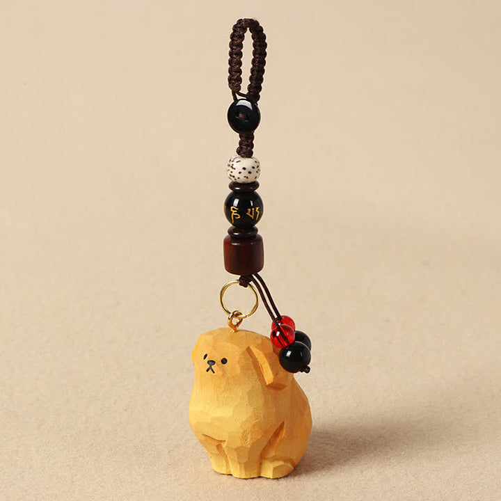 Buddha Stones Schlüsselanhänger mit geschnitztem Hund aus Holz – Om Mani Padme Hum Kreativitäts-Motive - Om Mani Padme Hum Yellow Dog - image 3