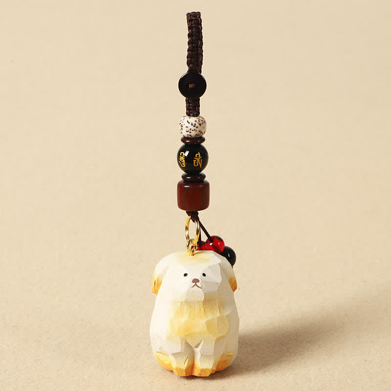 Buddha Stones Schlüsselanhänger mit geschnitztem Hund aus Holz – Om Mani Padme Hum Kreativitäts-Motive - Om Mani Padme Hum White Dog - image 8